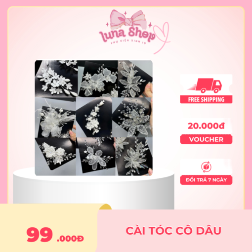 Cài tóc cô dâu Luna Shop thiết kế tinh xảo, đính pha lê sang trọng, phù hợp mọi kiểu tóc cưới. Giá chỉ 99.000đ, freeship, đổi trả 7 ngày – lựa chọn hoàn hảo cho ngày trọng đại.